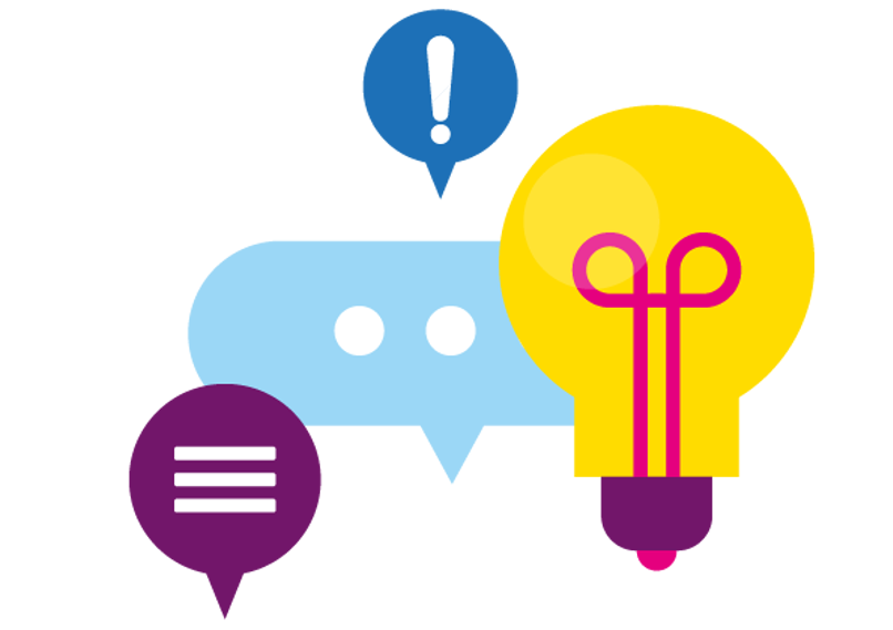 Illustrative design of three speech bubbles and a light bulb