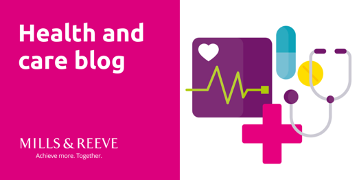 A pink coloured social media tile for the health and care blog that features a stethoscope, medical cross, pills and ECG chart.