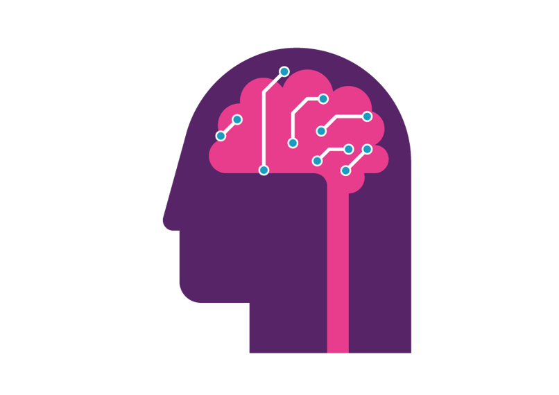 Illustrative design of a pink brain inside a purple head