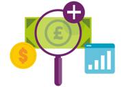 Illustrative design of money with a magnifying glass and graphs