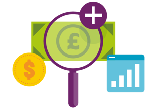 Illustrative design of money with a magnifying glass and graphs