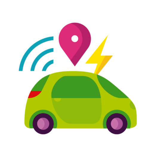 Illustration of a green electric car with purple wheels, a blue wireless signal lines, a pink location pin above it and a yellow lightning bolt.