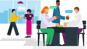 Illustrative design of three people at a table networking, and two holding champagne glasses and talking
