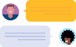 Illustrative design of two people's heads each with a large speech bubble