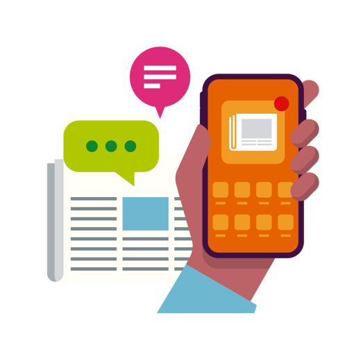 Illustration of a hand holding a smartphone, with a newspaper and speech bubbles in the background.