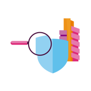 Illustration of a blue shield with a magnifying glass over it and a stack of orange and pink blocks, symbolizing security and analysis.